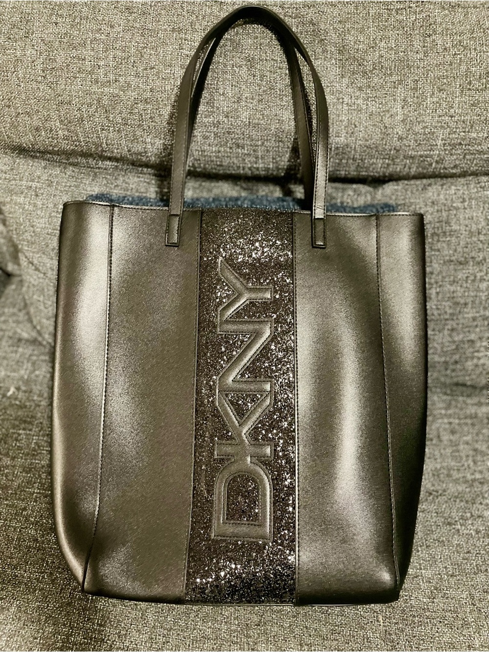 DKNY Black Faux Leather Glitter Logo Tote Bag